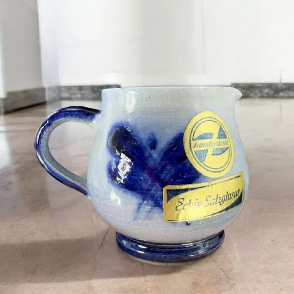 Vintage‎ German Salt Glaze Cobalt Blue Gray Small Pitcher Creamer With Stickers
